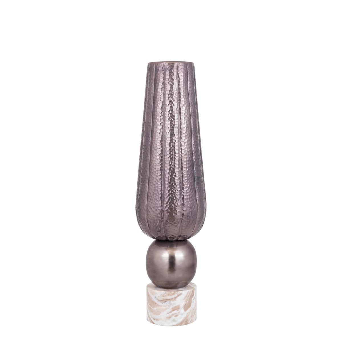 Jarrón Marive de lámina de aluminio bronce sobre base de mármol redondo, Diá. 20 x Al. 76 cm, PTMD