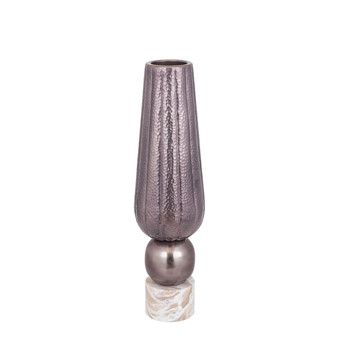 Jarrón Marive de lámina de aluminio bronce sobre base de mármol redondo, Diá. 20 x Al. 76 cm, PTMD