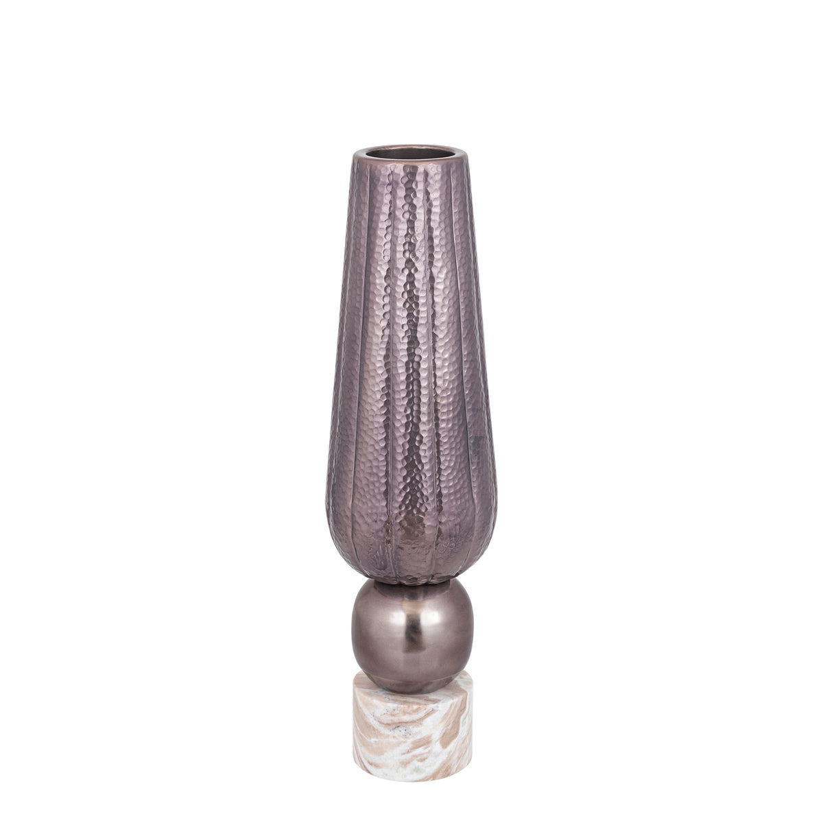 Jarrón Marive de lámina de aluminio bronce sobre base de mármol redondo, Diá. 20 x Al. 76 cm, PTMD