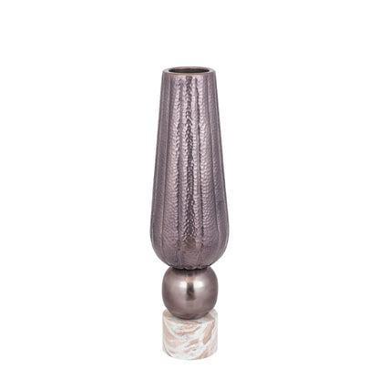 Jarrón Marive de lámina de aluminio bronce sobre base de mármol redondo, Diá. 20 x Al. 76 cm, PTMD