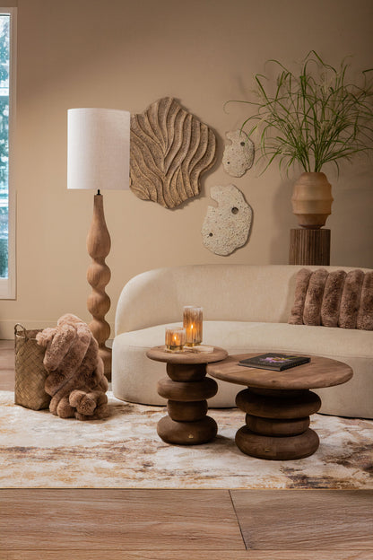 Mesa de centro Keven en madera de mango natural, acanalada y redonda, PTMD