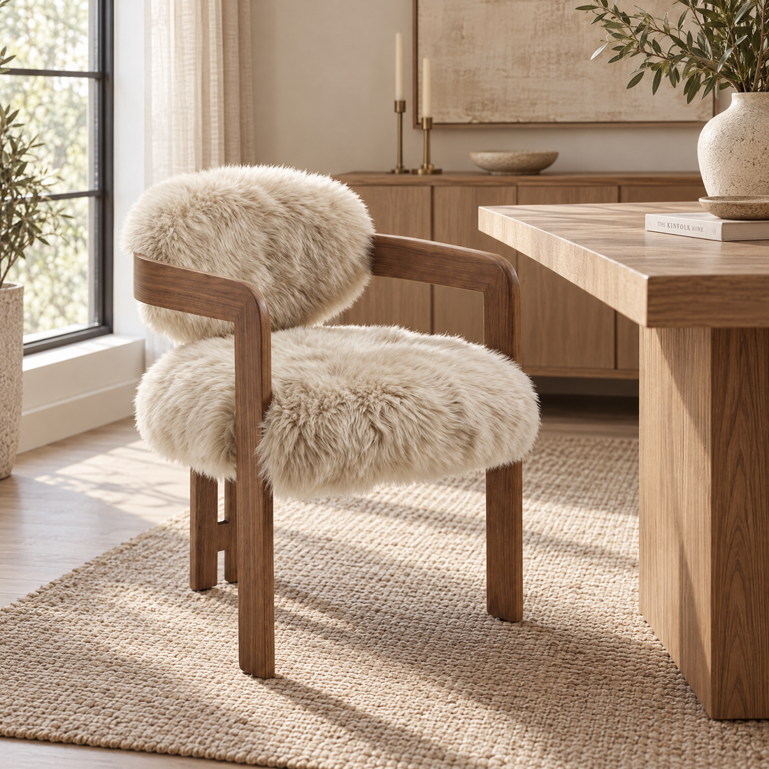 Silla de comedor Avelon Piel de oveja auténtica Beige Madera de haya PTMD