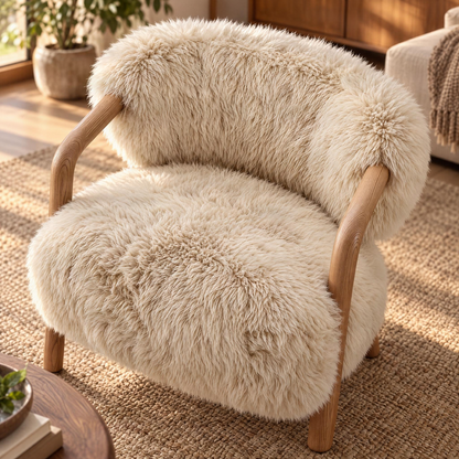 Sillón Avelon Piel de Oveja Auténtica Beige Madera de Fresno PTMD