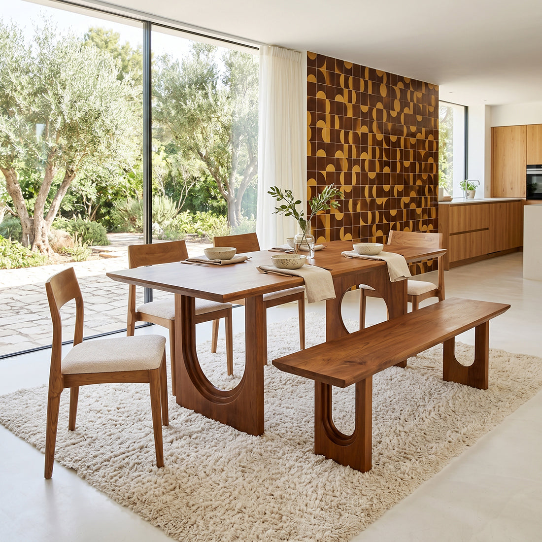 Banco de comedor de madera de mango con bordes redondeados y biselados, 200 cm, materiales en bruto