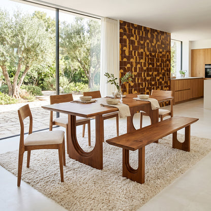 Banco de comedor de madera de mango con bordes redondeados y biselados, 240 cm, materiales en bruto