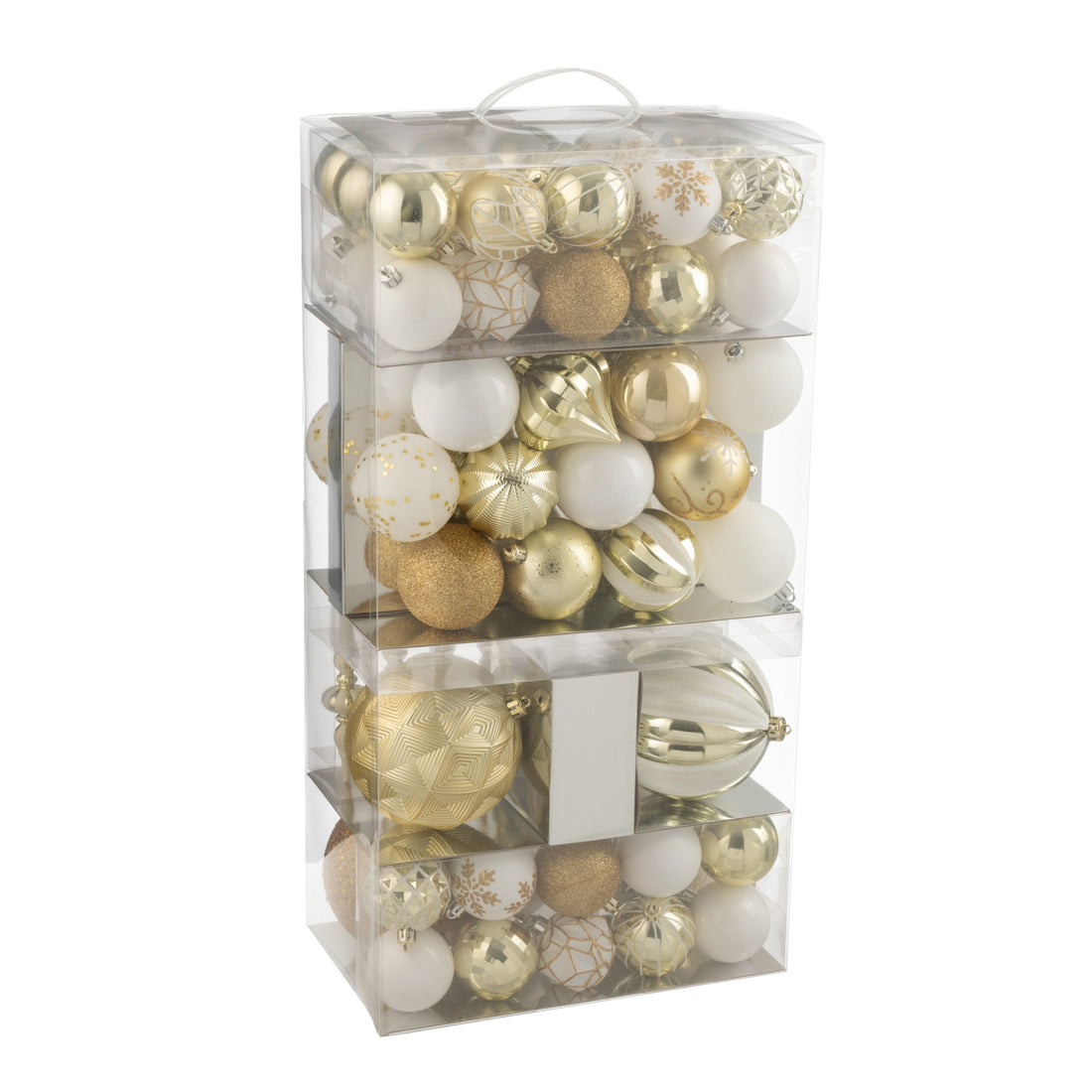 Caja de 80 bolas de Navidad de plástico blancas/doradas J-Line