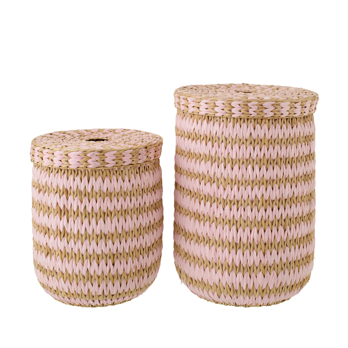 Juego de 2 cestas con tapa, ribete a rayas natural/rosa claro, J-Line