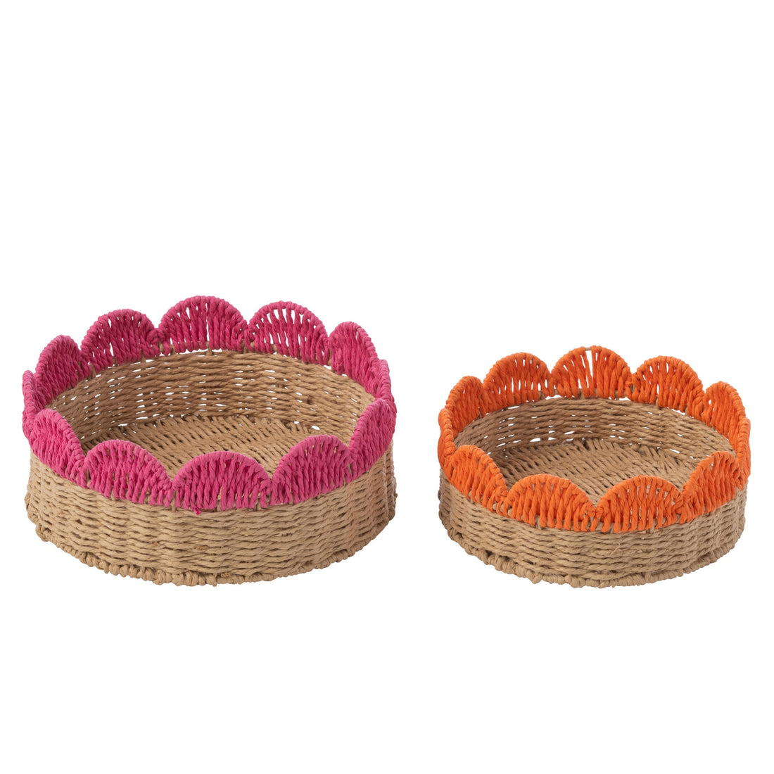 Juego de 2 bandejas decorativas con borde festoneado, papel rosa/naranja, J-Line