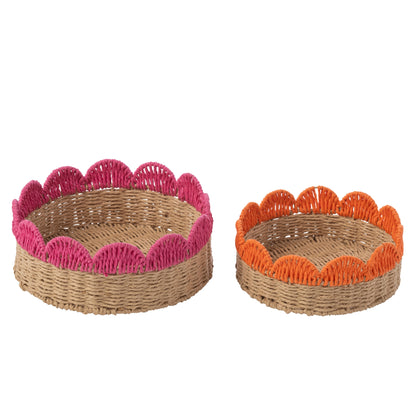 Juego de 2 bandejas decorativas con borde festoneado, papel rosa/naranja, J-Line