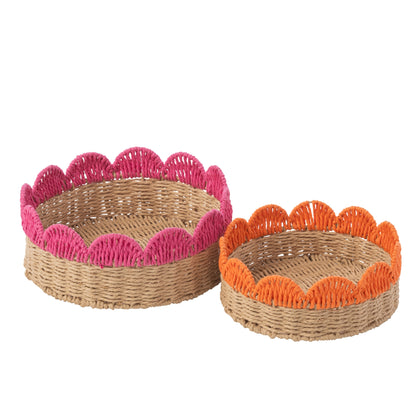 Juego de 2 bandejas decorativas con borde festoneado, papel rosa/naranja, J-Line