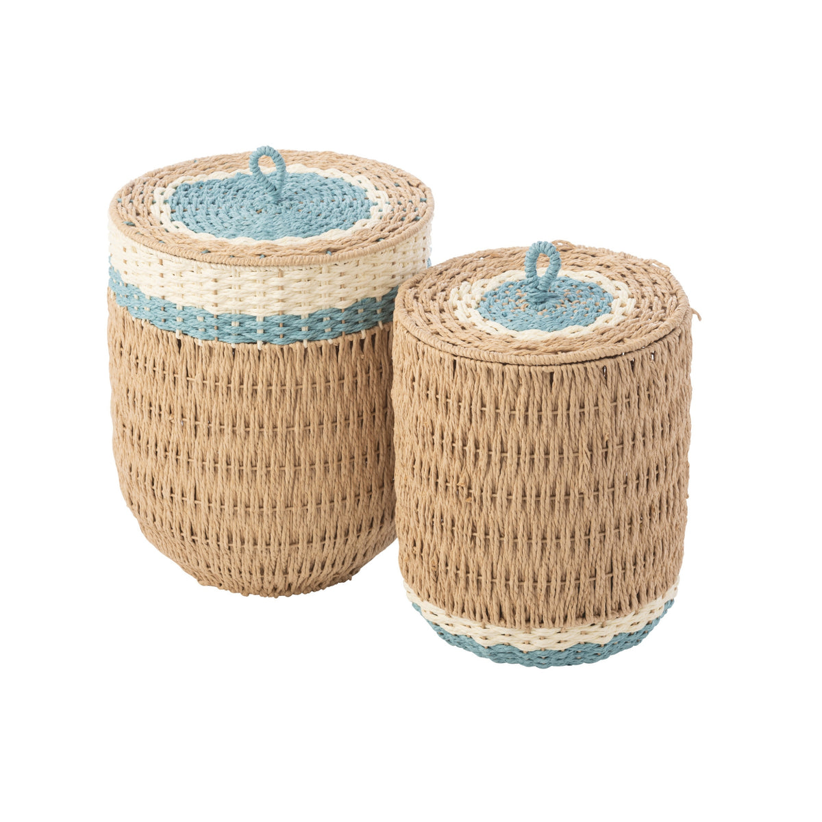 Juego de 2 cestas con tapa de papel a rayas natural/azul claro J-Line