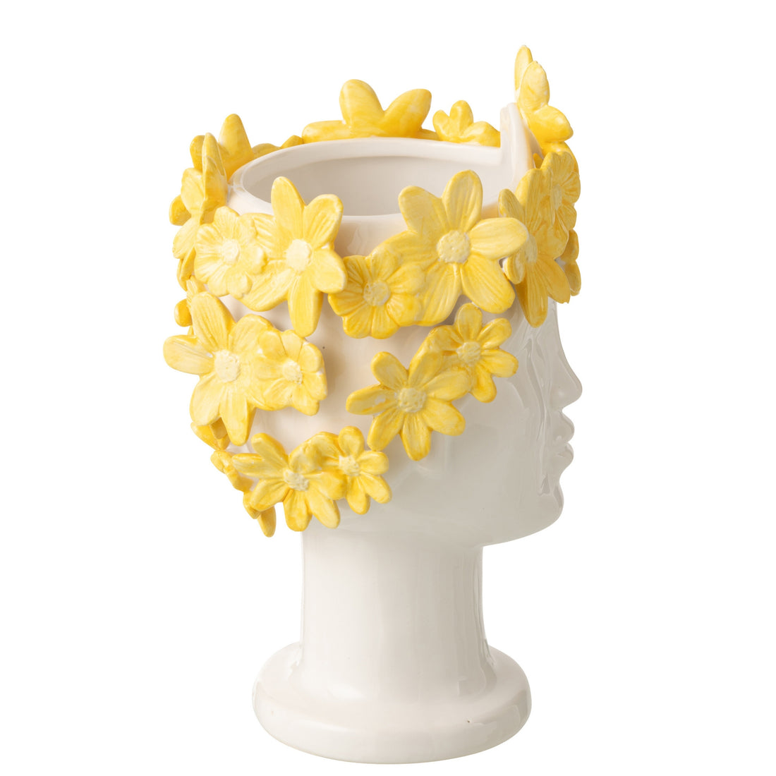 Maceta Mujer Flores Cerámica Blanco/Amarillo J-Line