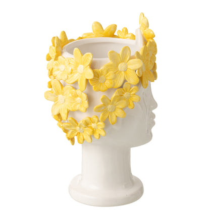 Maceta Mujer Flores Cerámica Blanco/Amarillo J-Line