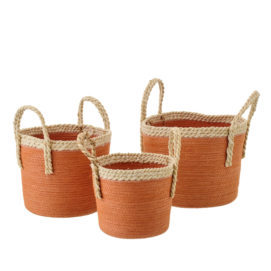 Juego de 3 cestas con asas de papel naranja oscuro/natural J-Line