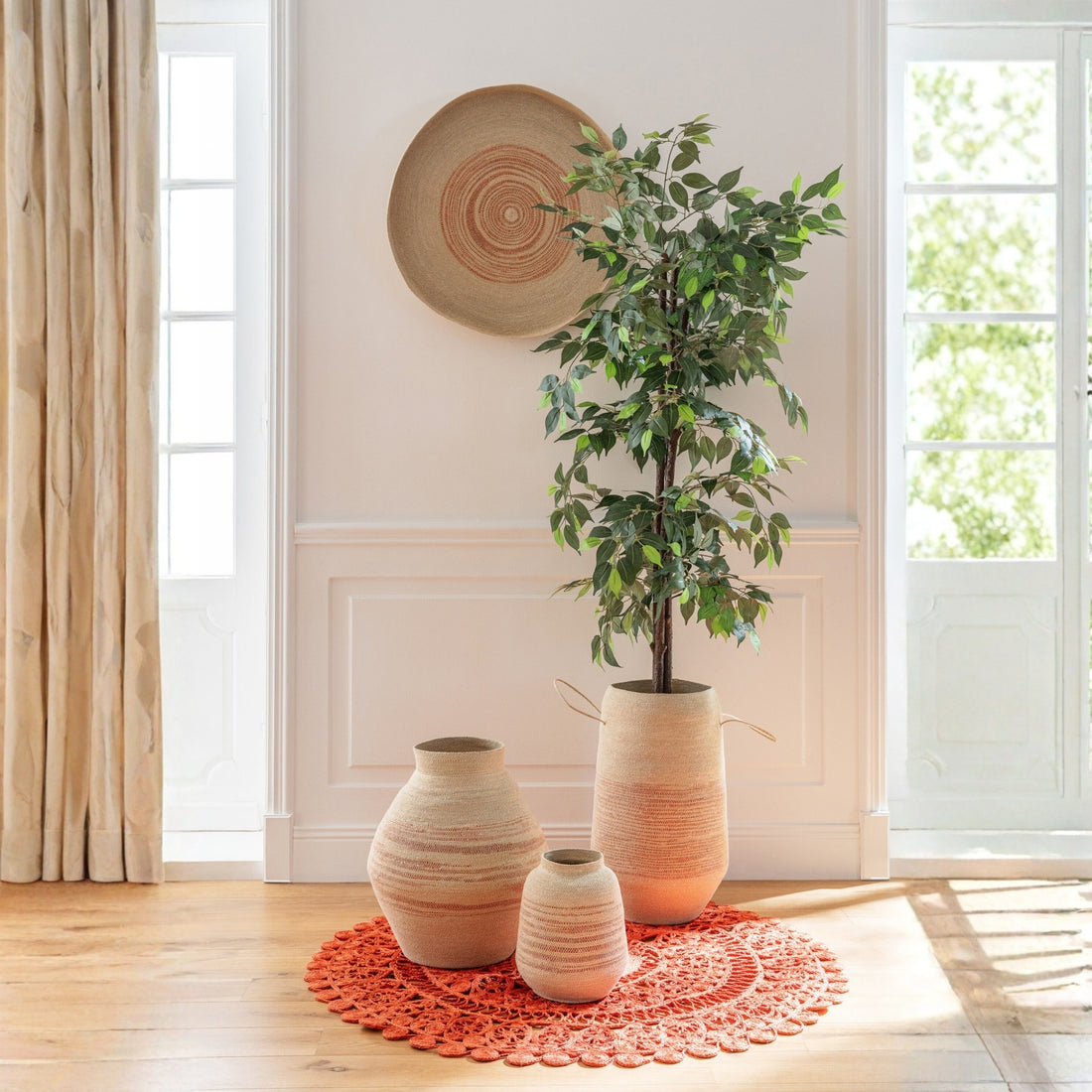 Cesta de hierba marina a rayas natural/naranja oscuro J-Line