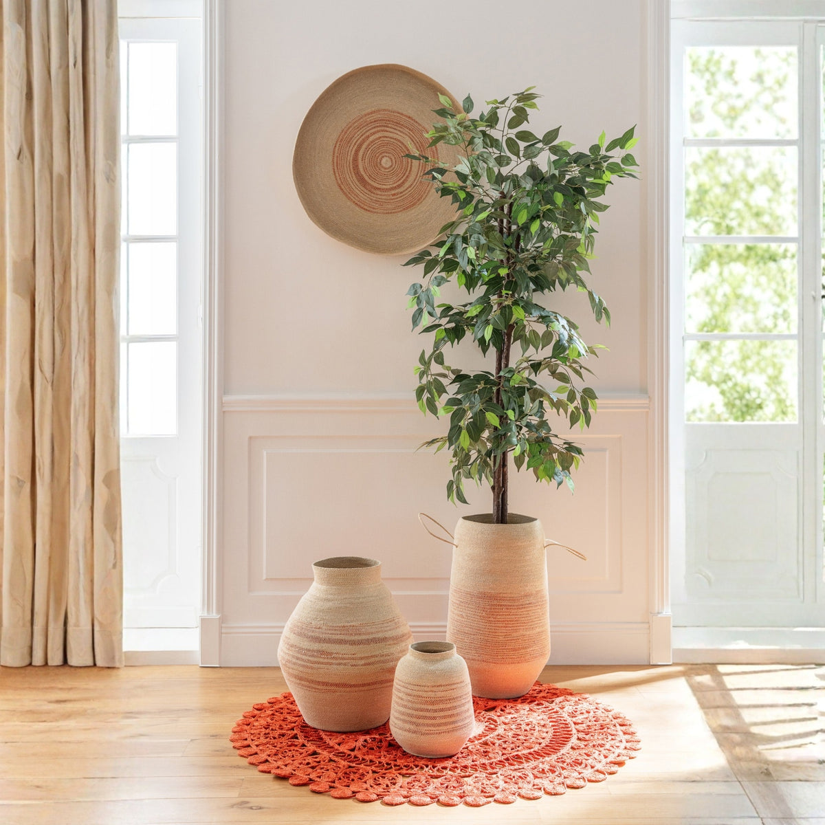 Cesta de hierba marina a rayas natural/naranja oscuro J-Line