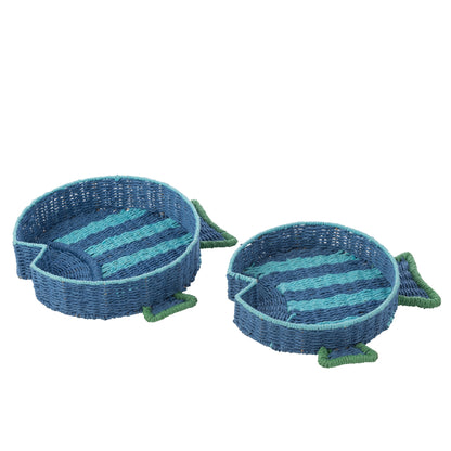 Bandeja decorativa de pez de papel a rayas azul oscuro/verde esmeralda, set de 2, J-Line