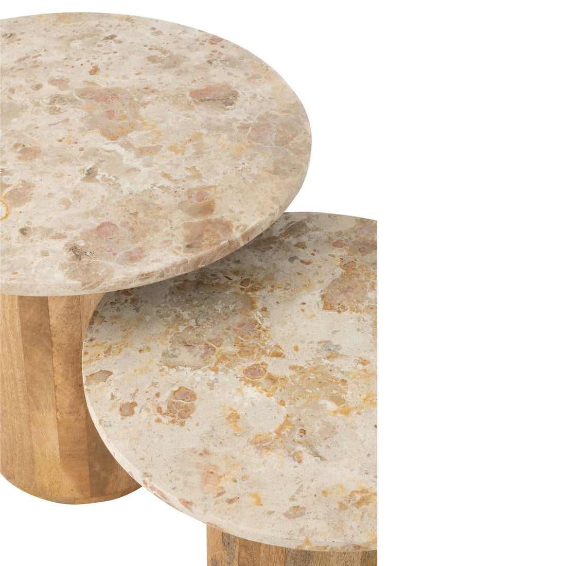 Mesa auxiliar redonda de mármol y madera, beige/marrón, juego de 2, J-Line