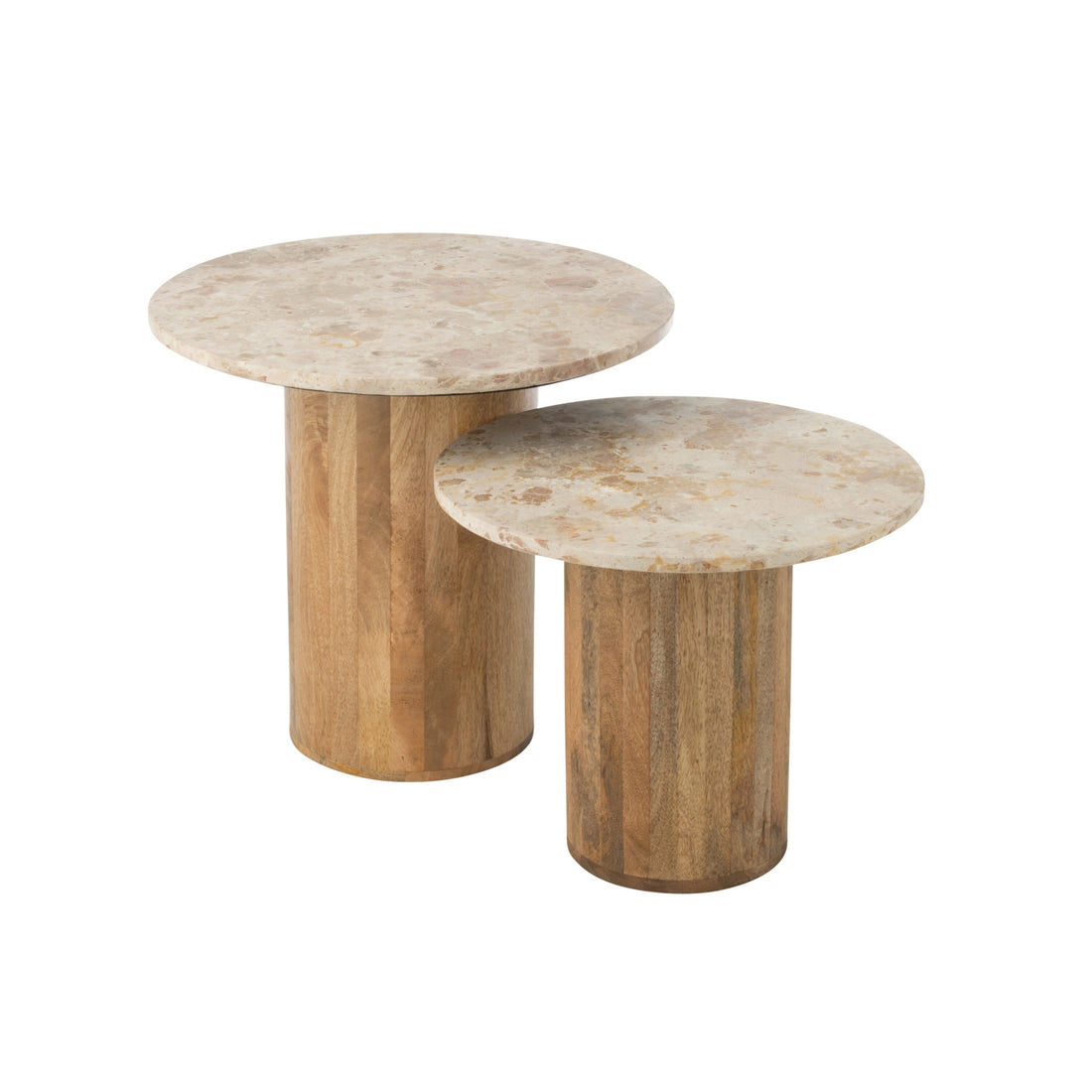 Mesa auxiliar redonda de mármol y madera, beige/marrón, juego de 2, J-Line