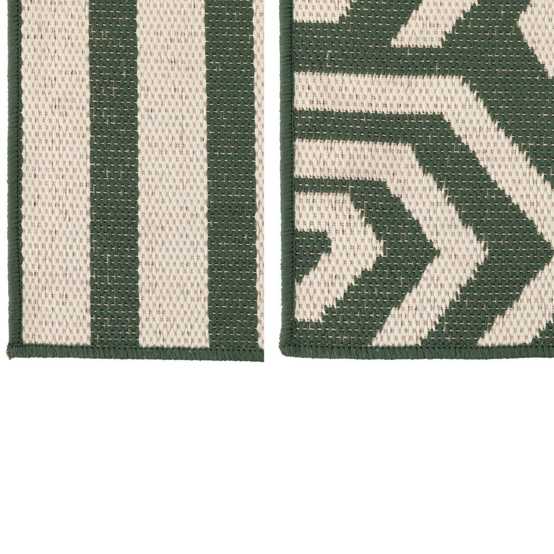 Alfombra de exterior a rayas + espirales de polipropileno verde oscuro/blanco, surtido de 2