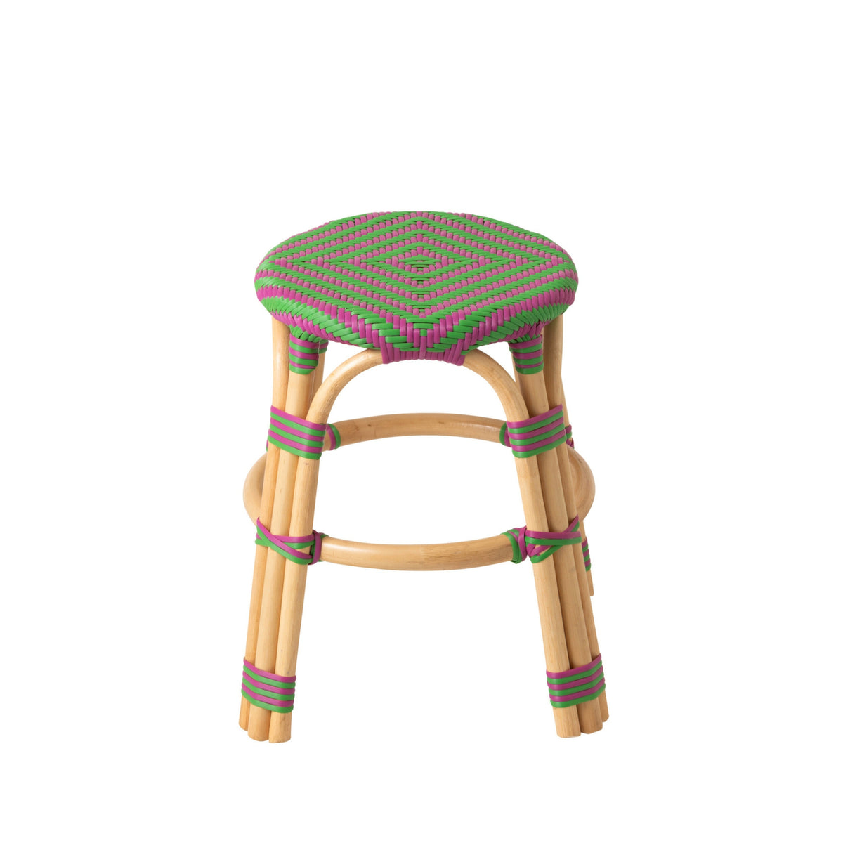 Taburete de exterior Geo redondo de ratán rosa/verde J-Line