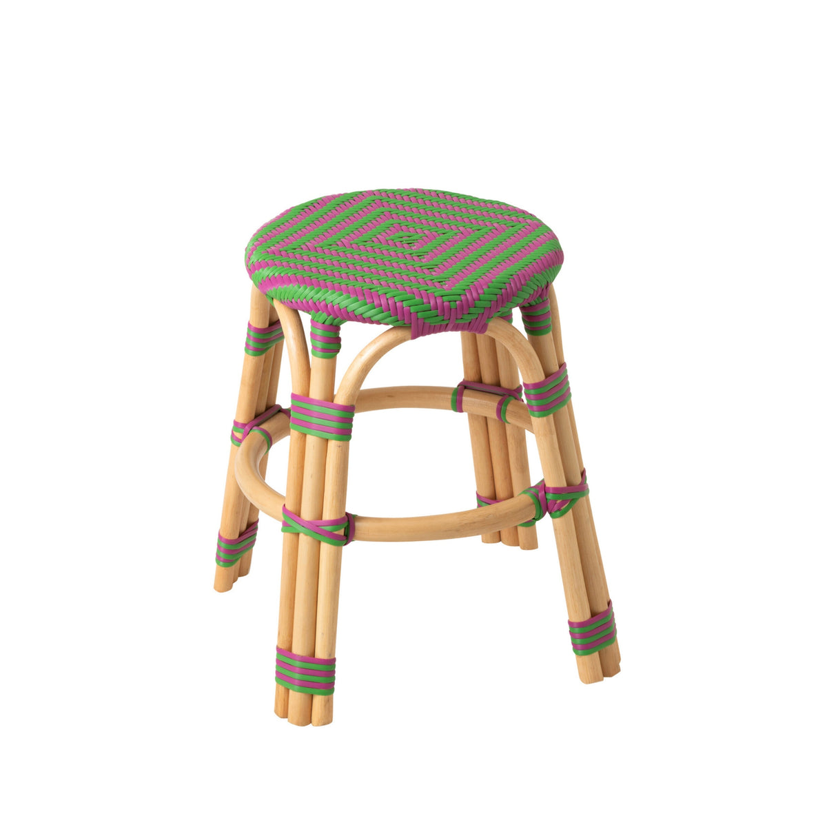 Taburete de exterior Geo redondo de ratán rosa/verde J-Line