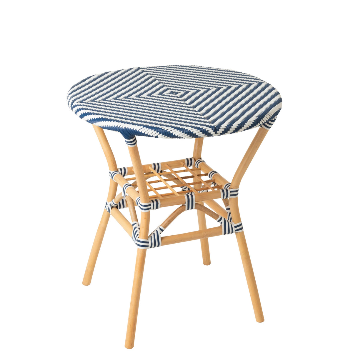 Mesa de comedor de exterior Geo redonda de ratán azul/blanco J-Line