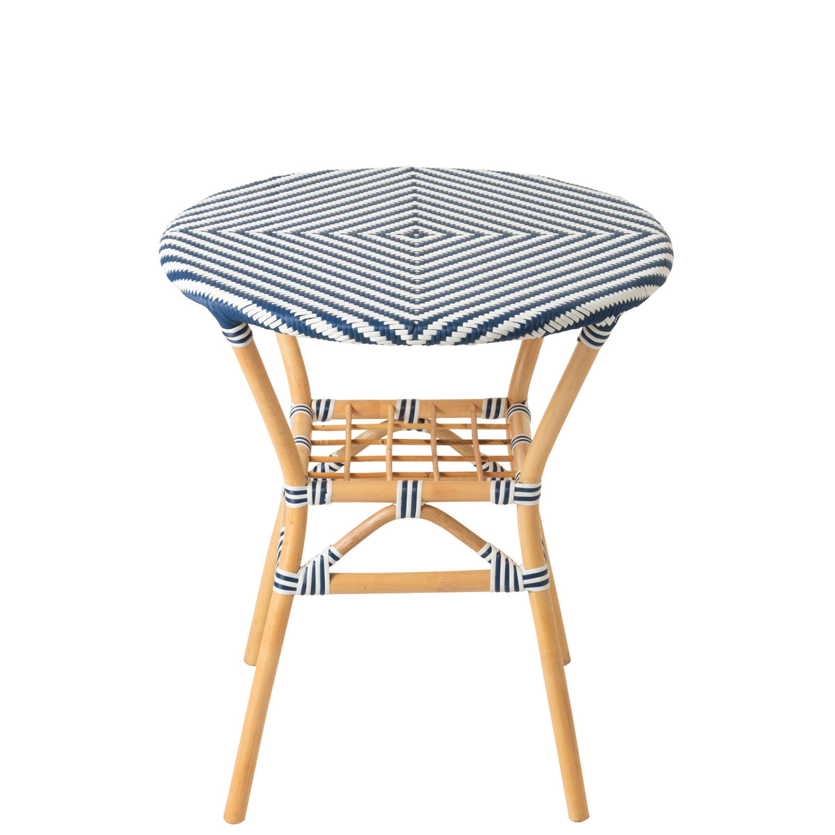 Mesa de comedor de exterior Geo redonda de ratán azul/blanco J-Line