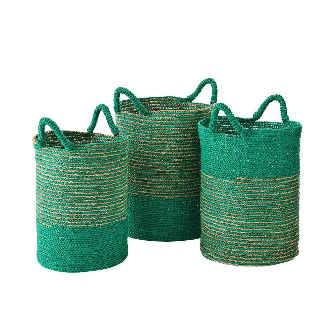 Juego de 3 cestas de rafia a rayas verde oscuro/natural J-Line