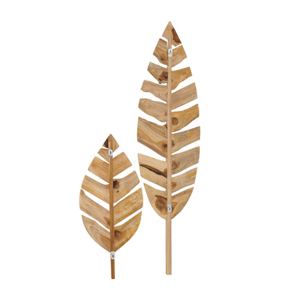 Juego de 2 objetos decorativos de pared con hojas de madera de teca natural J-Line