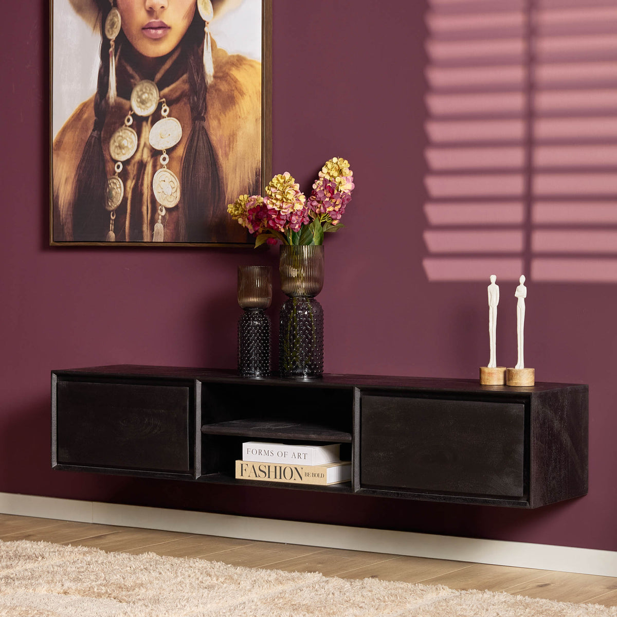 Mueble de TV suspendido Ambiance Madera de Mango Negro 160cm Starfurn