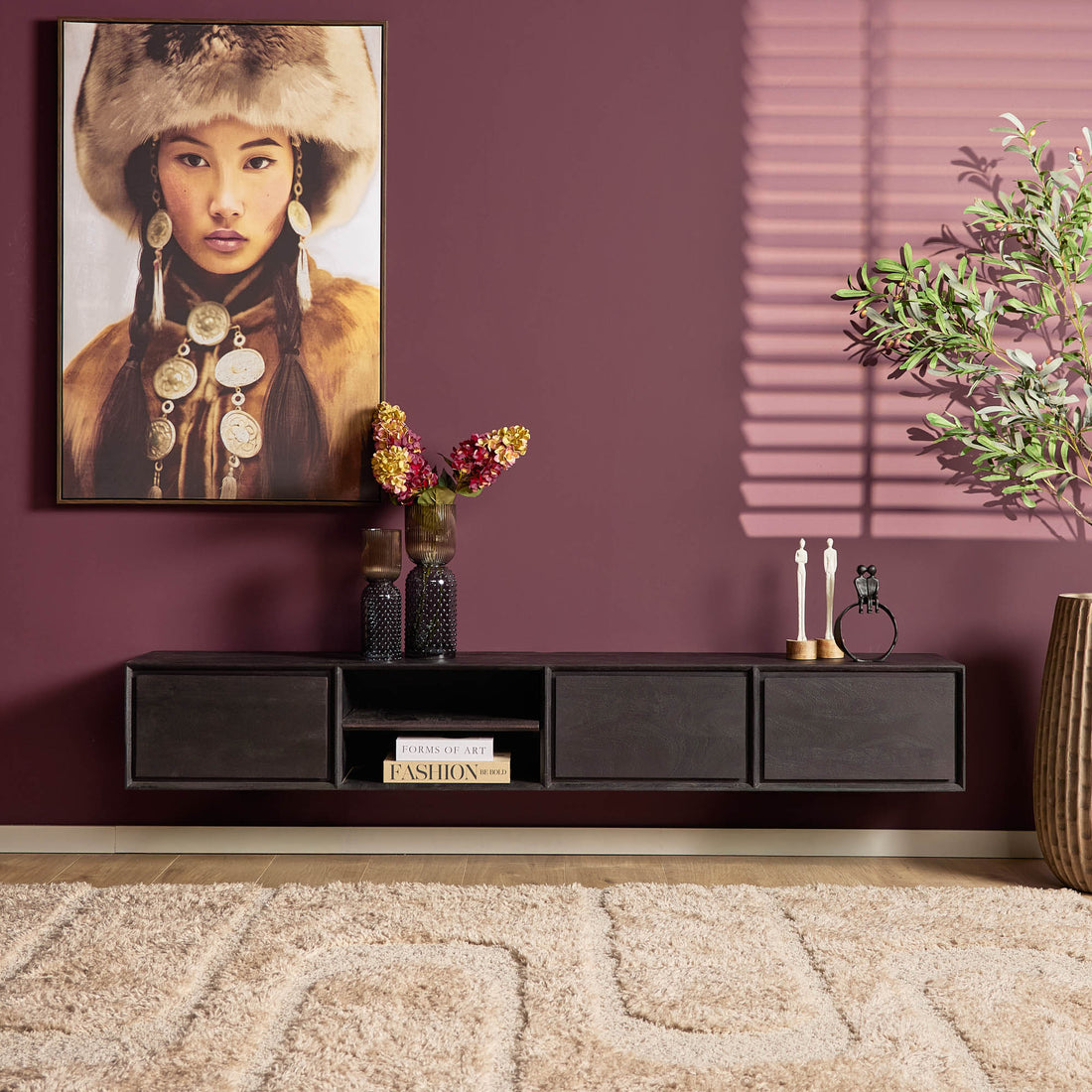 Mueble de TV suspendido Ambiance Madera de Mango Negro 200cm Starfurn