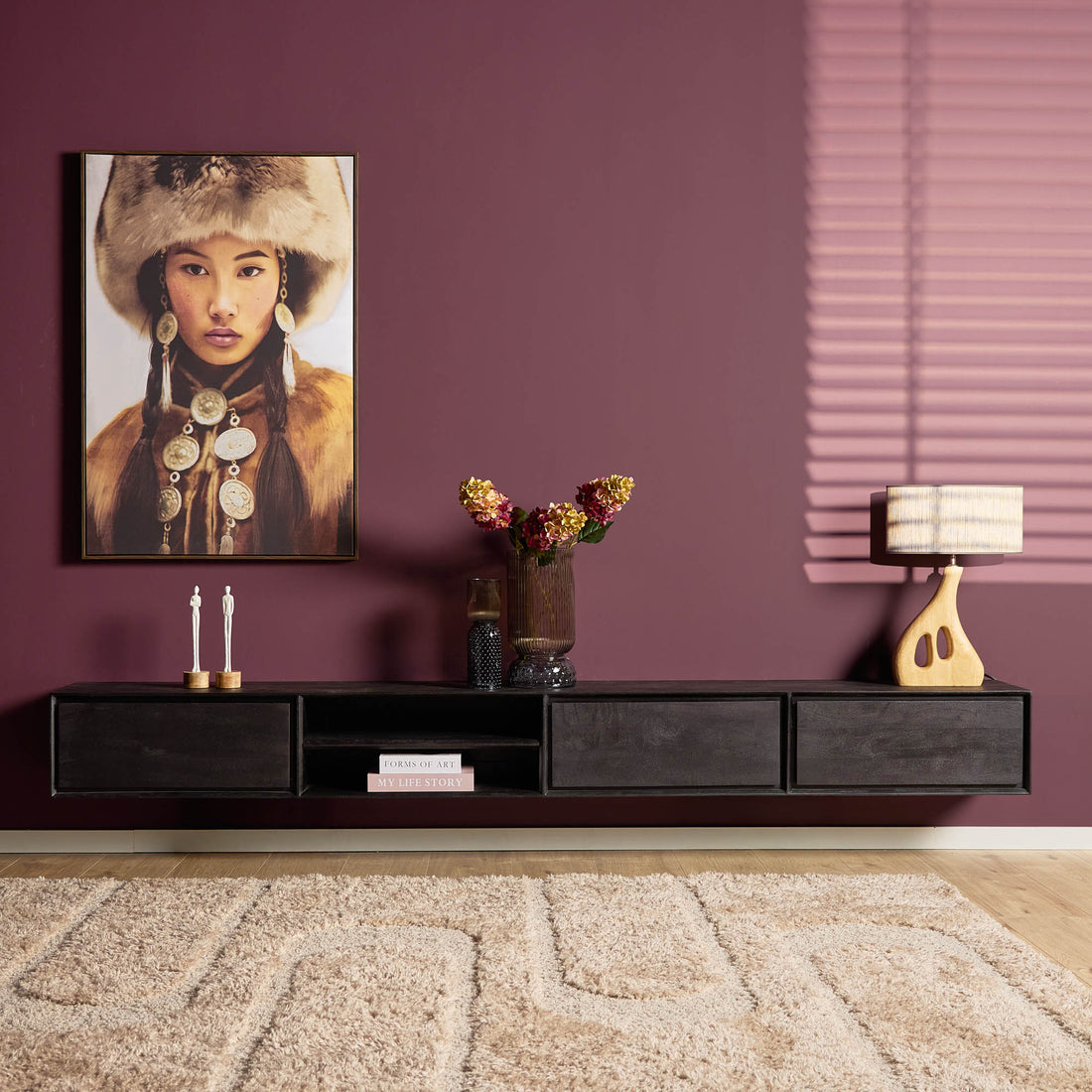 Mueble de TV suspendido Ambiance Madera de Mango Negro 280cm Starfurn