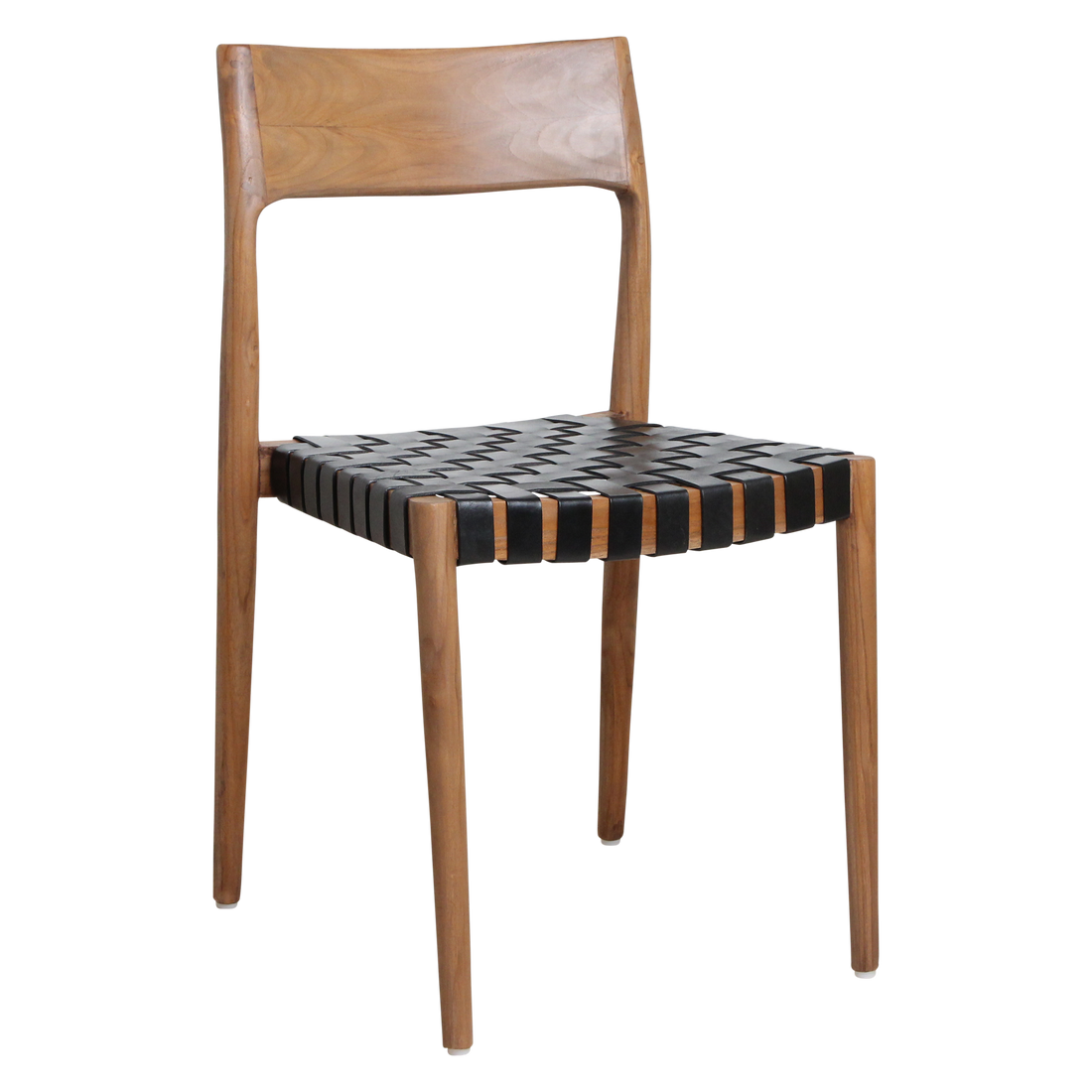 Silla de comedor de teca Freya sin reposabrazos, cuero negro, juego de 2, Raw Materials