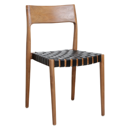 Silla de comedor de teca Freya sin reposabrazos, cuero negro, juego de 2, Raw Materials