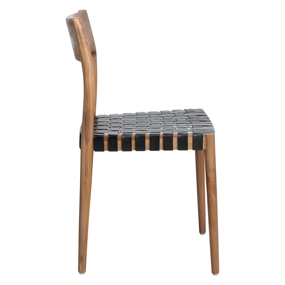 Silla de comedor de teca Freya sin reposabrazos, cuero negro, juego de 2, Raw Materials