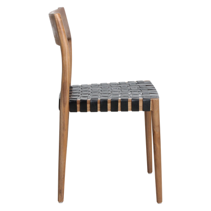 Silla de comedor de teca Freya sin reposabrazos, cuero negro, juego de 2, Raw Materials