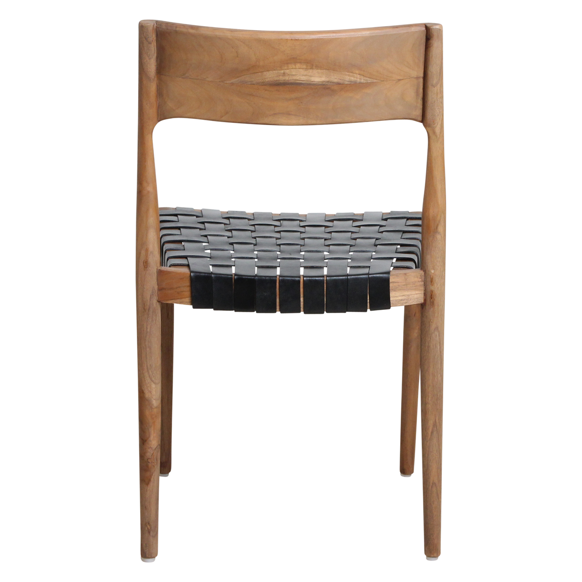 Silla de comedor de teca Freya sin reposabrazos, cuero negro, juego de 2, Raw Materials
