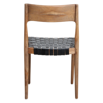 Silla de comedor de teca Freya sin reposabrazos, cuero negro, juego de 2, Raw Materials