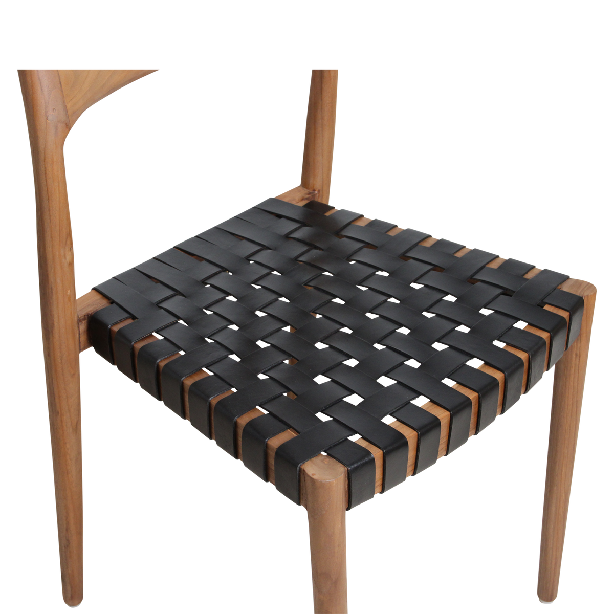 Silla de comedor de teca Freya sin reposabrazos, cuero negro, juego de 2, Raw Materials