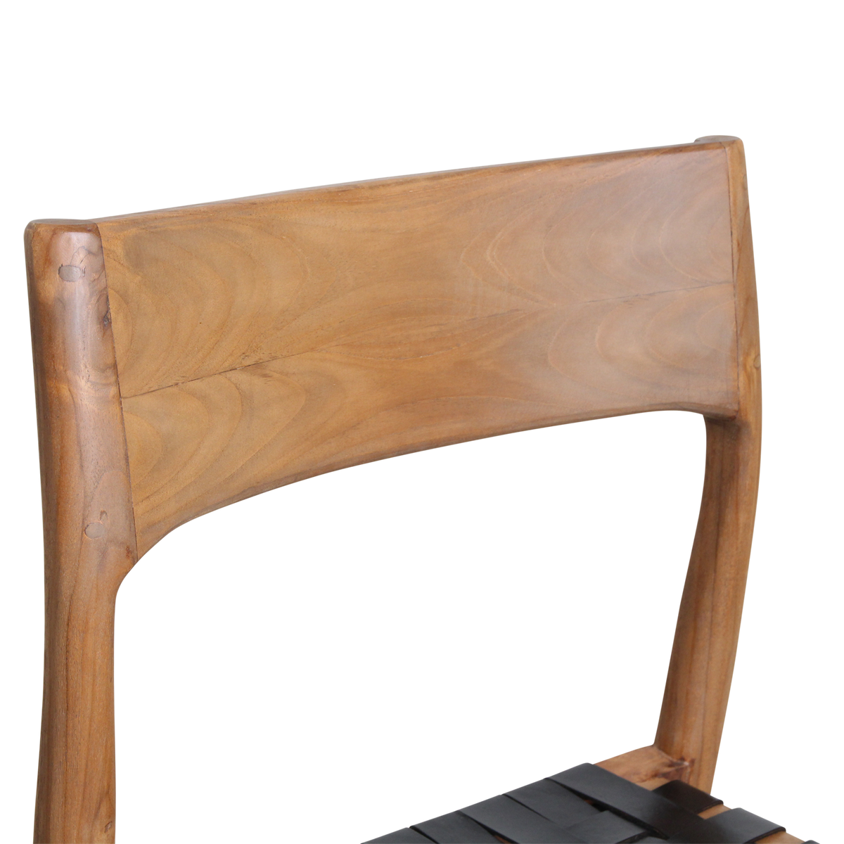 Silla de comedor de teca Freya sin reposabrazos, cuero negro, juego de 2, Raw Materials