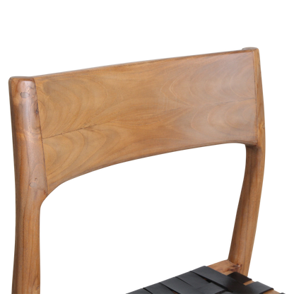 Silla de comedor de teca Freya sin reposabrazos, cuero negro, juego de 2, Raw Materials