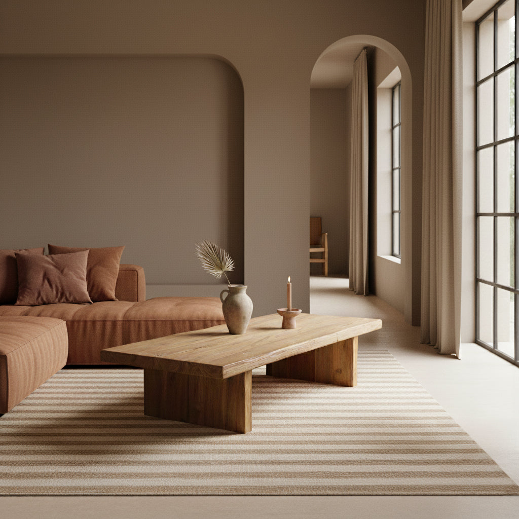 Mesa de centro rectangular de madera de teca, materiales brutos reciclados con certificación FSC