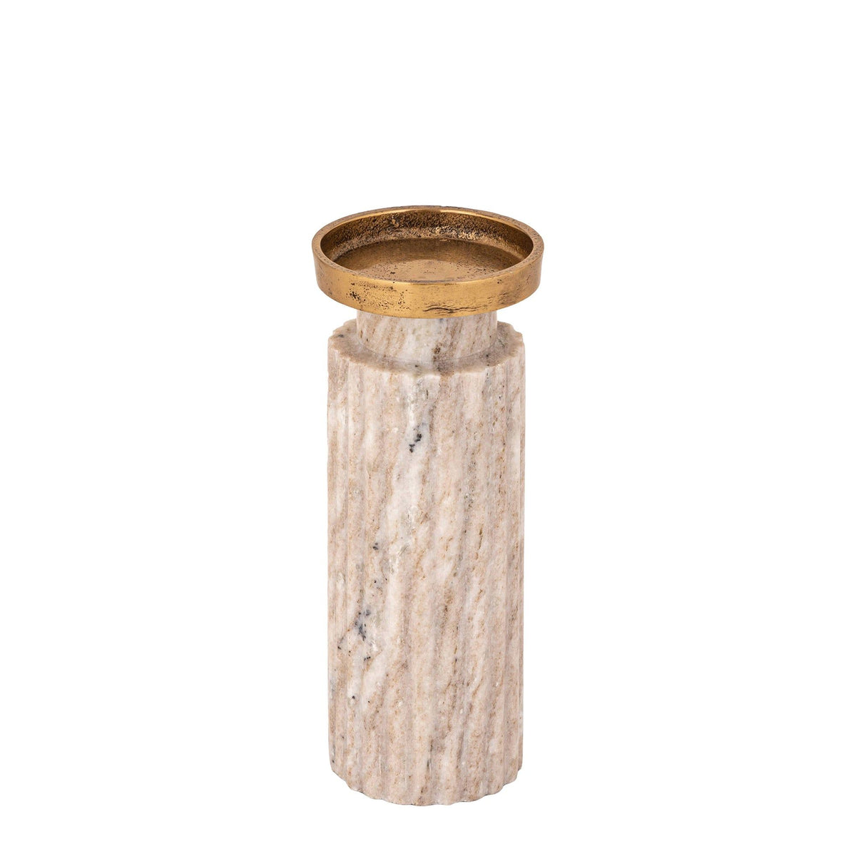 Alani Kandelaar Marmer Beige Geribbeld Medium van PTMD, ander aanzicht van de kandelaar in beige marmer