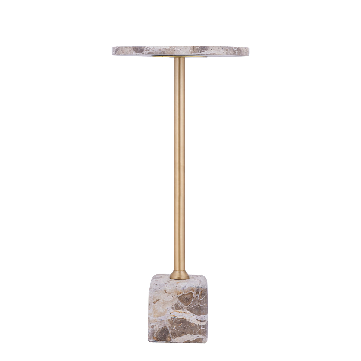Bijzettafel Ebe Beige Marmer Rond Hoog van PTMD, rond marmeren blad op goudkleurige stang en marmeren voet