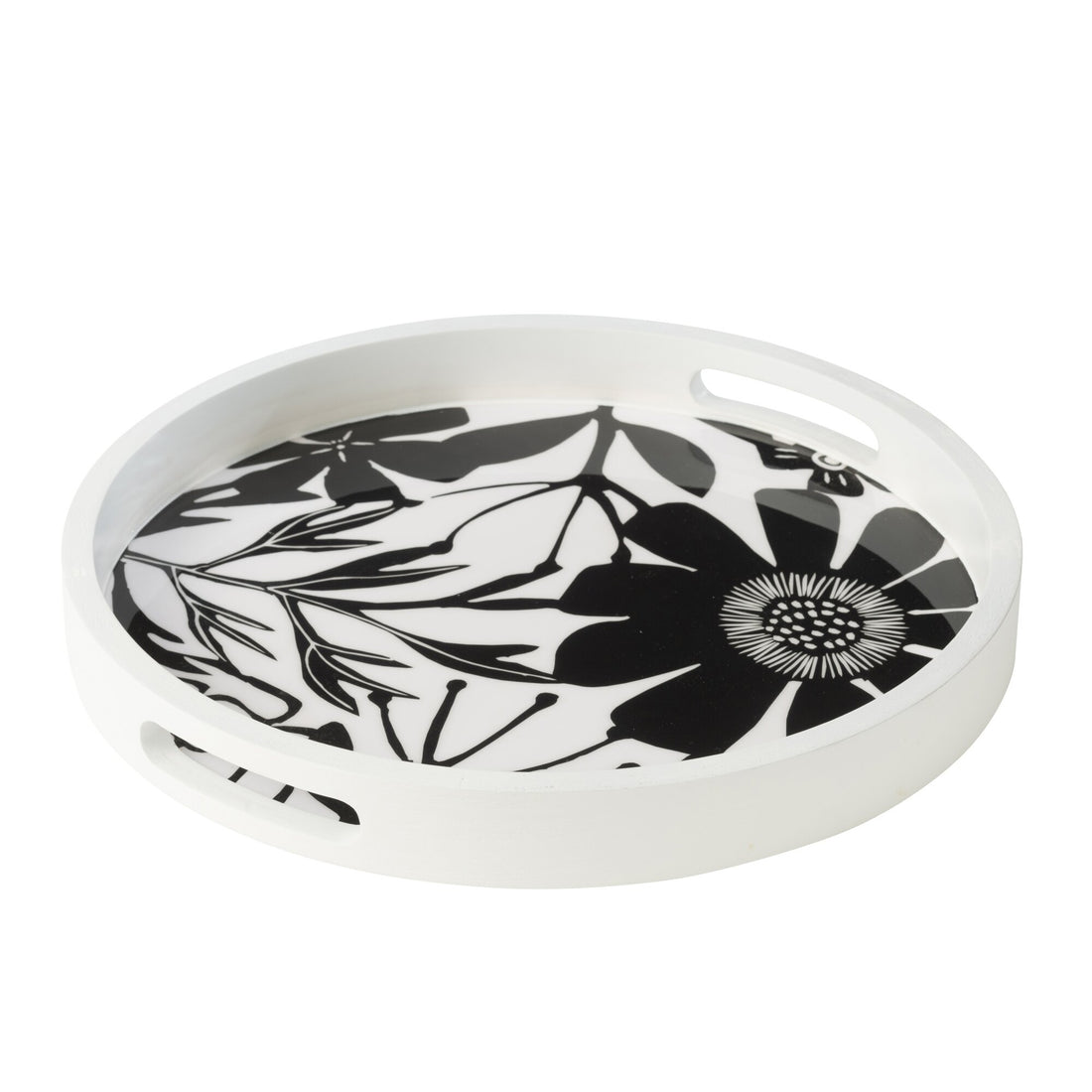 Bandeja Redonda Con Asas Flores Madera de Mango Negro/Blanco J-Line
