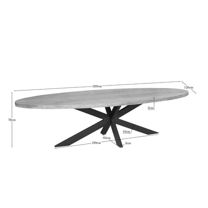 Maatschets van de ovale eettafel Dakota van Starfurn, 300 bij 120 cm