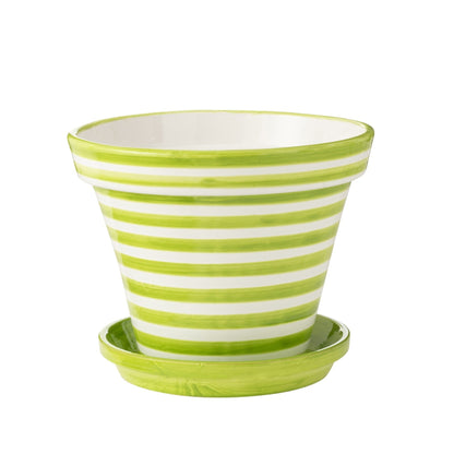 Maceta+Plato Granada Rayas Cerámica Hecha a Mano+Pintada Verde Extra Grande J-Line