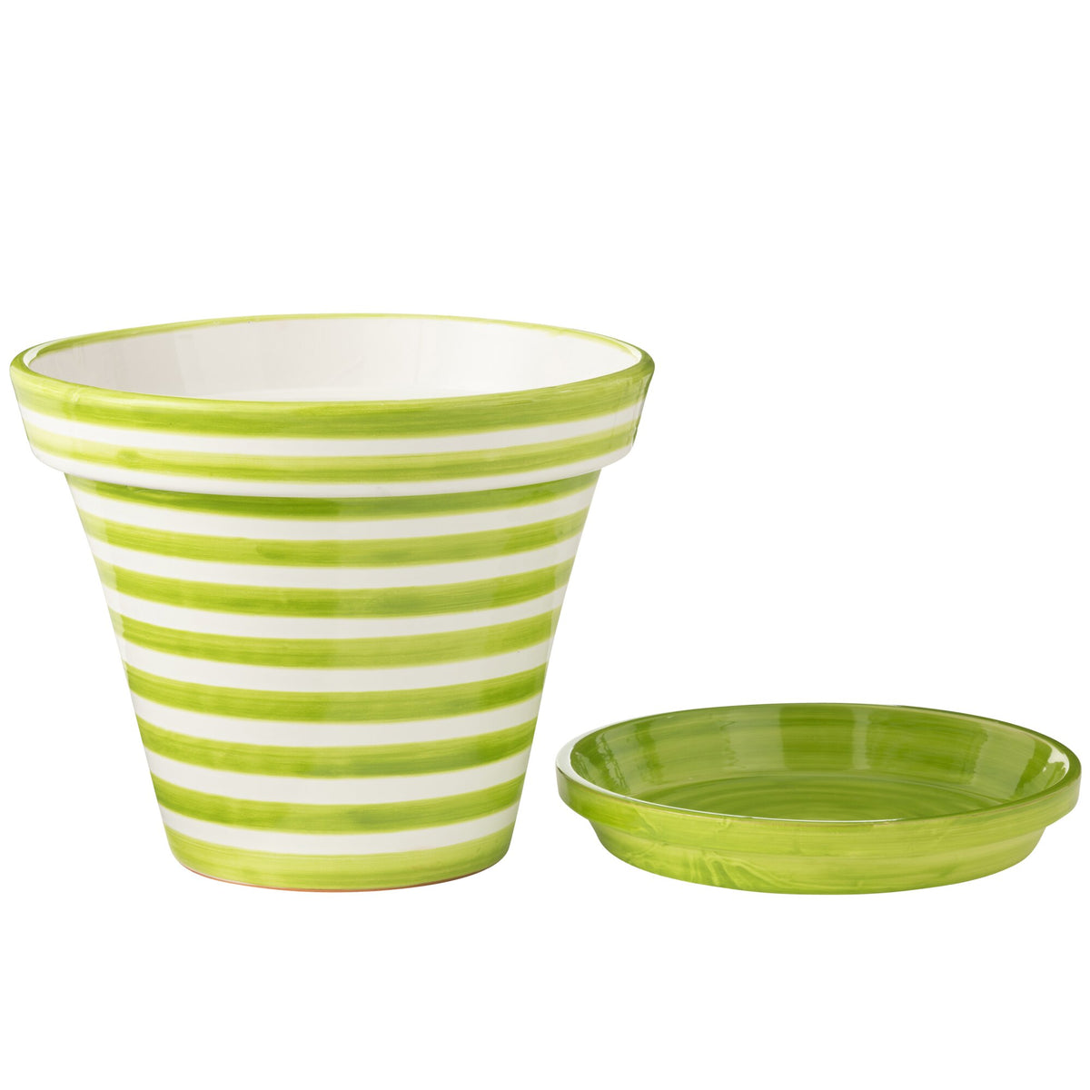Maceta+Plato Granada Rayas Cerámica Hecha a Mano+Pintada Verde Extra Grande J-Line