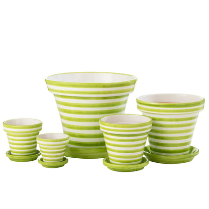 Maceta+Plato Granada Rayas Cerámica Hecha a Mano+Pintada Verde Extra Grande J-Line